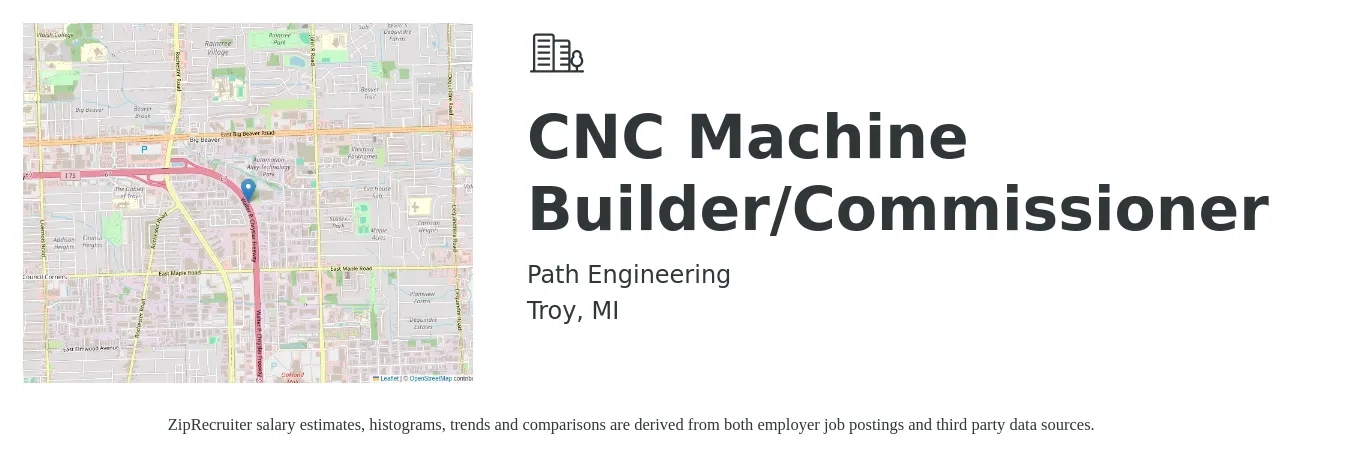 Path Engineering job posting for a CNC Machine Builder/Commissioner in Troy, MI with a salary of $20 to $25 Hourly with a map of Troy location.