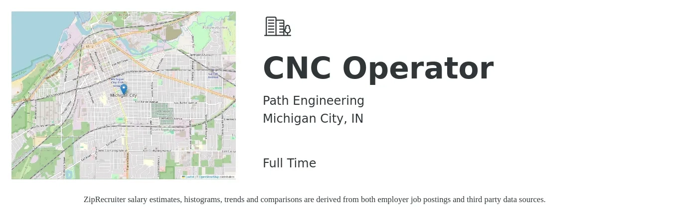Path Engineering job posting for a CNC Operator in Michigan City, IN with a salary of $20 to $27 Hourly with a map of Michigan City location.
