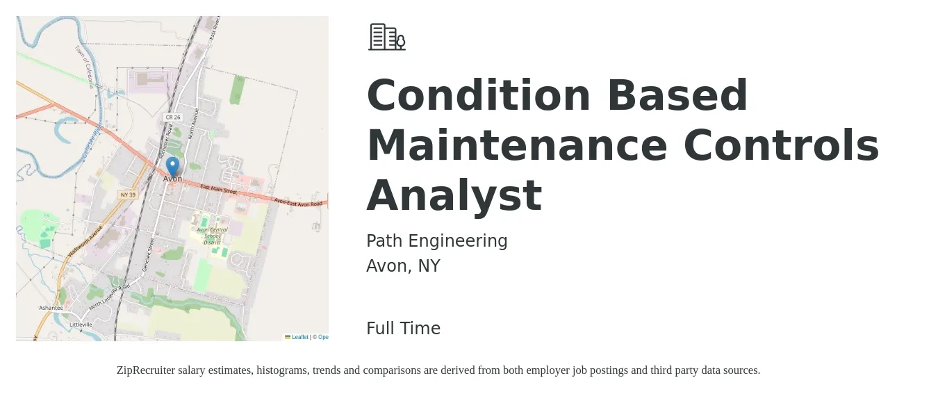 Path Engineering job posting for a Condition Based Maintenance Controls Analyst in Avon, NY with a salary of $63,500 to $81,000 Yearly with a map of Avon location.