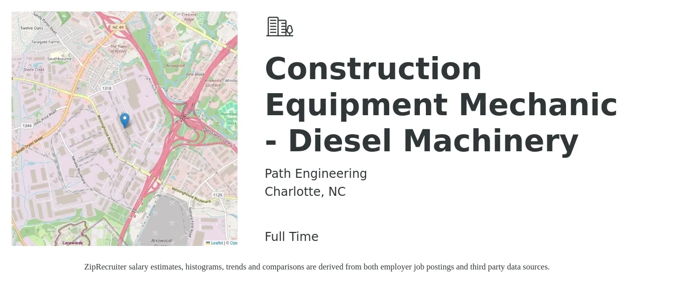 Path Engineering job posting for a Construction Equipment Mechanic - Diesel Machinery in Charlotte, NC with a salary of $23 to $32 Hourly with a map of Charlotte location.