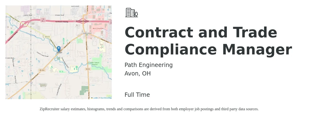 Path Engineering job posting for a Contract and Trade Compliance Manager in Avon, OH with a salary of $63,300 to $105,400 Yearly with a map of Avon location.