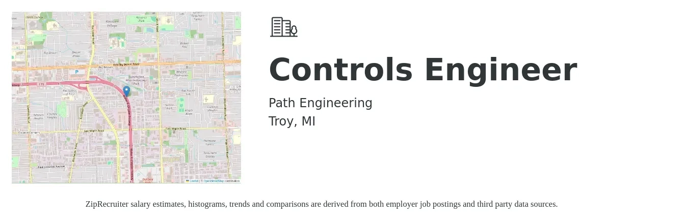 Path Engineering job posting for a Controls Engineer in Troy, MI with a salary of $79,100 to $102,400 Yearly with a map of Troy location.