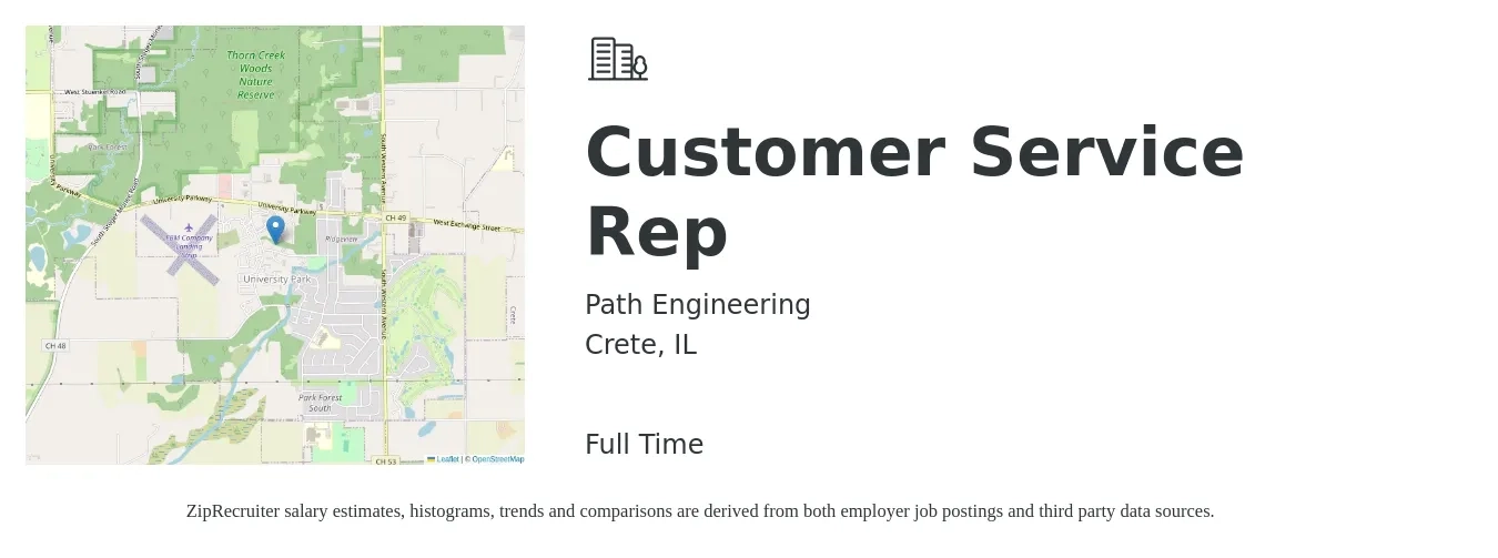 Path Engineering job posting for a Customer Service Rep in Crete, IL with a salary of $15 to $21 Hourly with a map of Crete location.