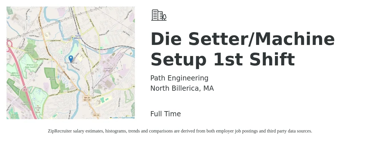 Path Engineering job posting for a Die Setter/Machine Setup 1st Shift in North Billerica, MA with a salary of $21 to $27 Hourly with a map of North Billerica location.