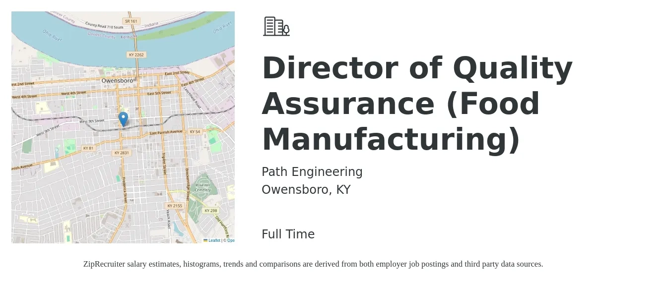 Path Engineering job posting for a Director of Quality Assurance (Food Manufacturing) in Owensboro, KY with a salary of $101,900 to $167,200 Yearly with a map of Owensboro location.