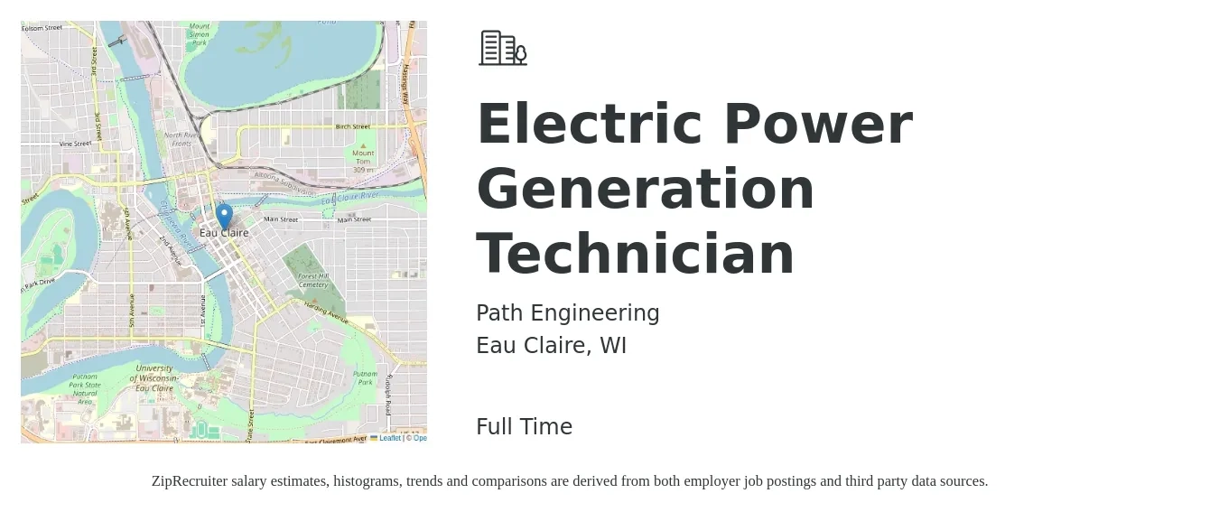 Path Engineering job posting for a Electric Power Generation Technician in Eau Claire, WI with a salary of $22 to $36 Hourly with a map of Eau Claire location.