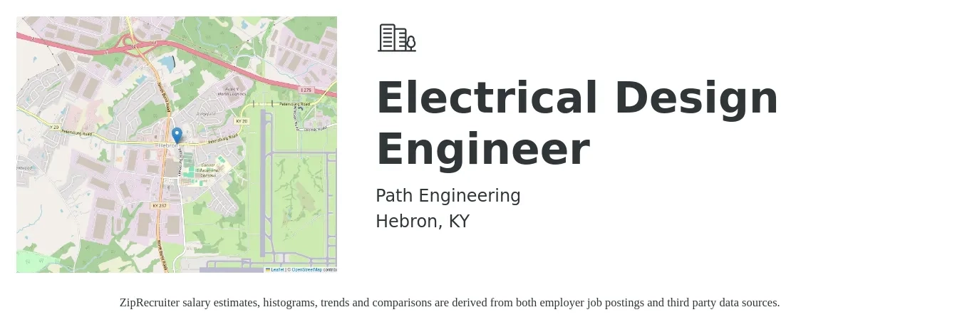 Path Engineering job posting for a Electrical Design Engineer in Hebron, KY with a salary of $79,500 to $111,300 Yearly with a map of Hebron location.