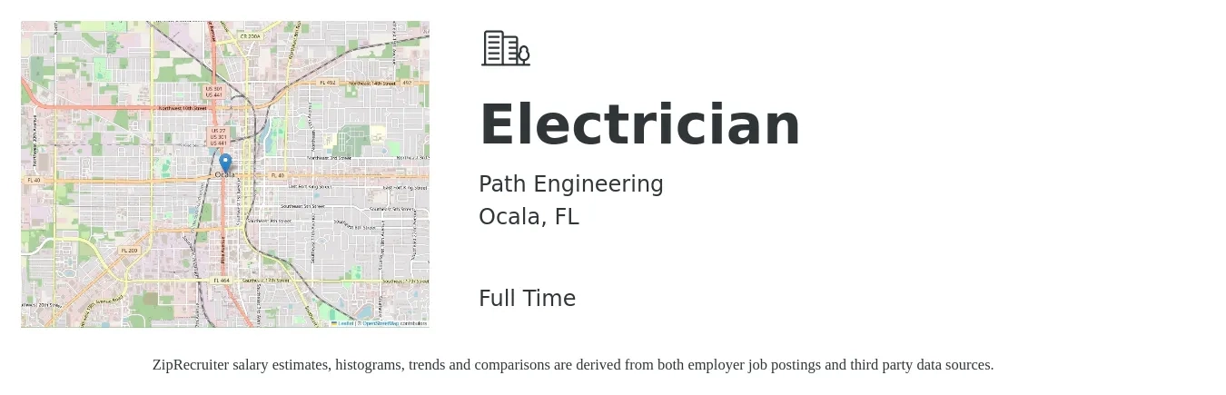 Path Engineering job posting for a Electrician in Ocala, FL with a salary of $23 to $32 Hourly with a map of Ocala location.