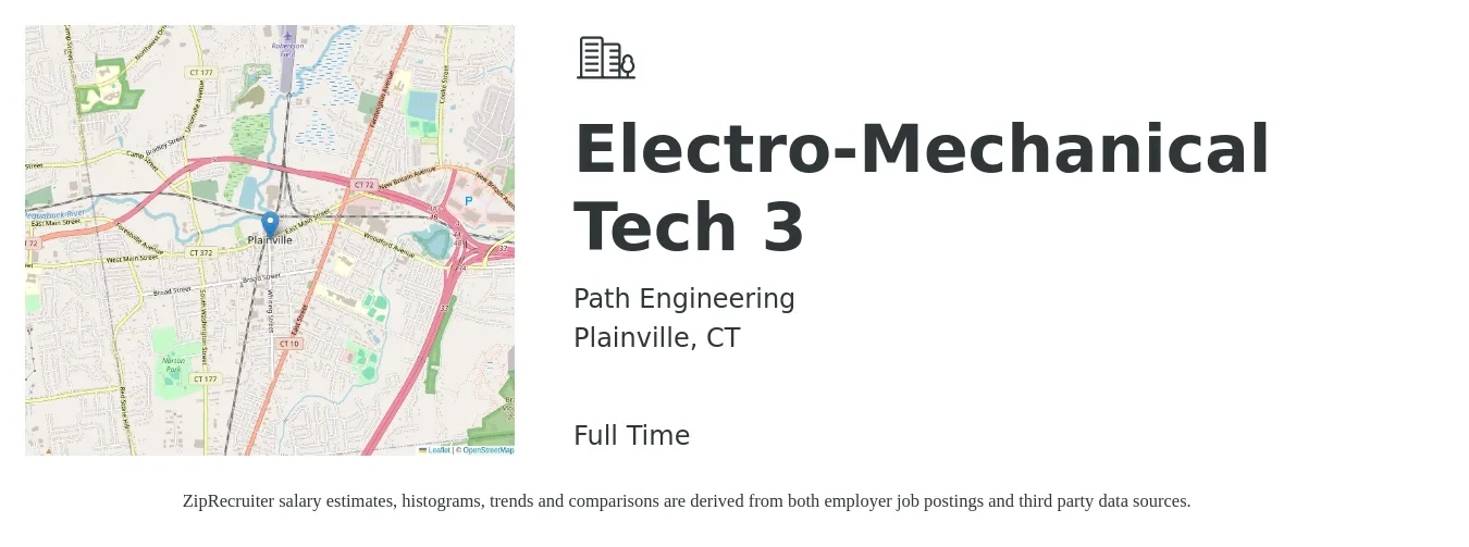 Path Engineering job posting for a Electro-Mechanical Tech 3 in Plainville, CT with a salary of $24 to $31 Hourly with a map of Plainville location.