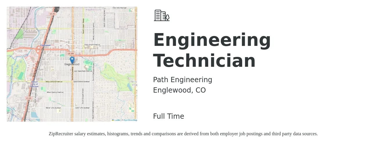 Path Engineering job posting for a Engineering Technician in Englewood, CO with a salary of $60,000 to $80,000 Yearly with a map of Englewood location.