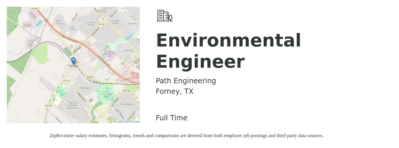 Path Engineering job posting for a Environmental Engineer in Forney, TX with a salary of $66,200 to $97,700 Yearly with a map of Forney location.