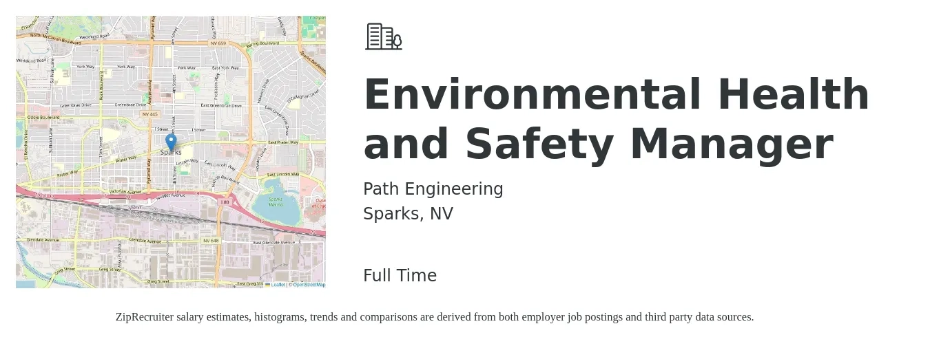 Path Engineering job posting for a Environmental Health and Safety Manager in Sparks, NV with a salary of $84,900 to $115,100 Yearly with a map of Sparks location.