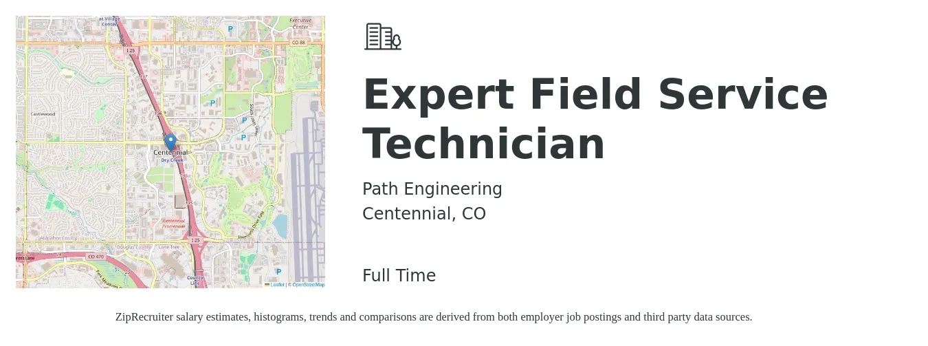 Path Engineering job posting for a Expert Field Service Technician in Centennial, CO with a salary of $20 to $30 Hourly with a map of Centennial location.