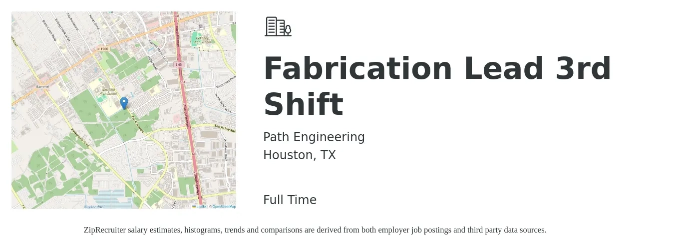 Path Engineering job posting for a Fabrication Lead 3rd Shift in Houston, TX with a salary of $18 to $28 Hourly with a map of Houston location.