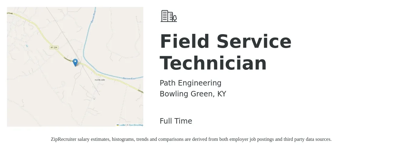 Path Engineering job posting for a Field Service Technician in Bowling Green, KY with a salary of $20 to $29 Hourly with a map of Bowling Green location.