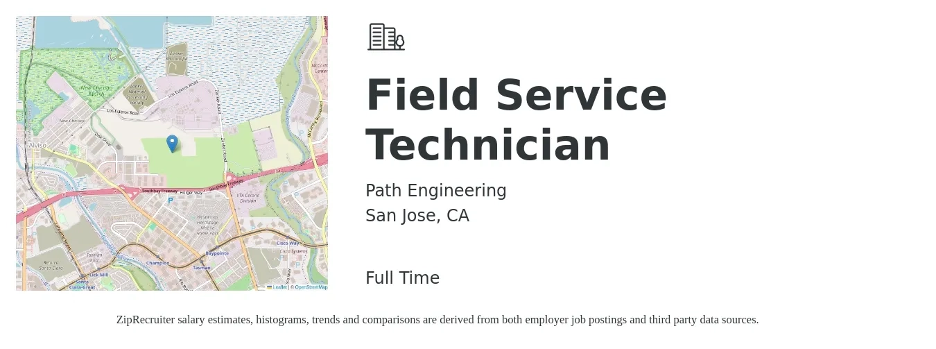 Path Engineering job posting for a Field Service Technician in San Jose, CA with a salary of $24 to $35 Hourly with a map of San Jose location.