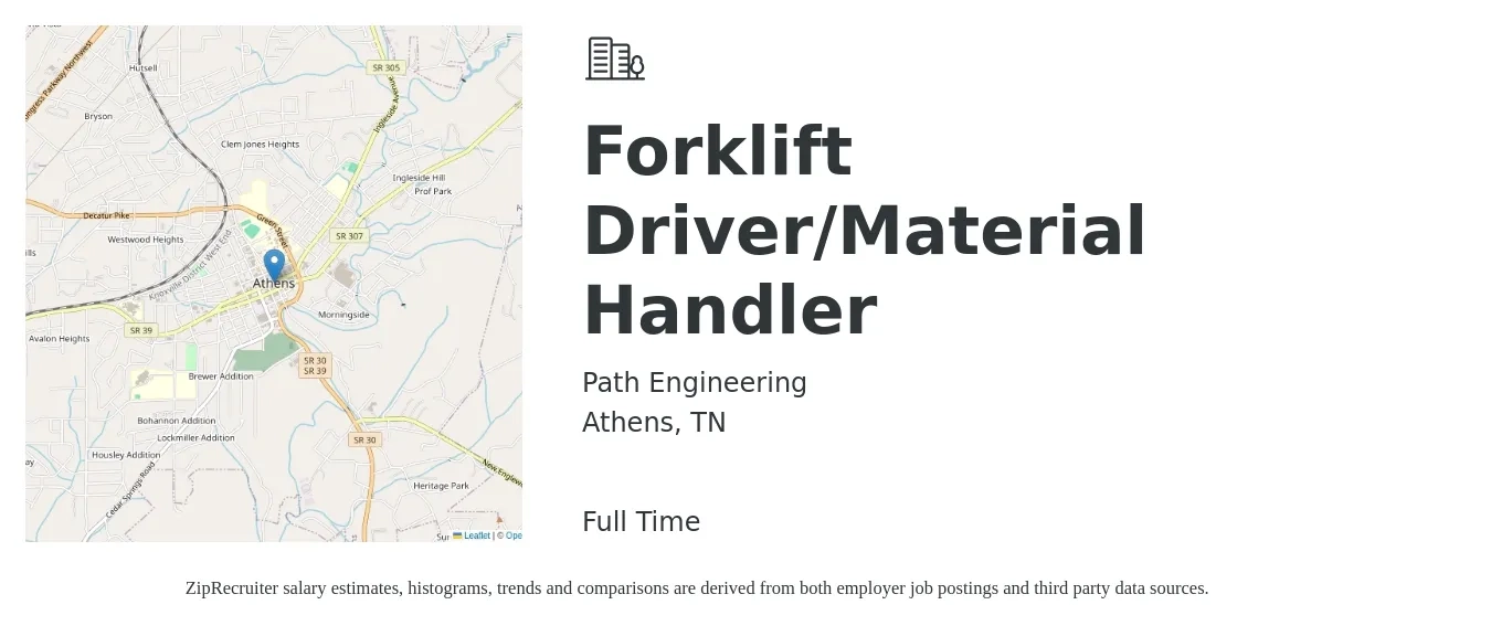 Path Engineering job posting for a Forklift Driver/Material Handler in Athens, TN with a salary of $14 to $16 Hourly with a map of Athens location.