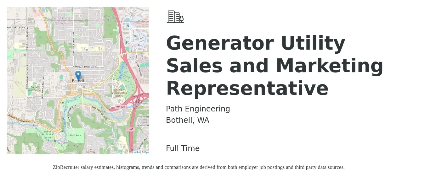 Path Engineering job posting for a Generator Utility Sales and Marketing Representative in Bothell, WA with a salary of $45,800 to $61,500 Yearly with a map of Bothell location.