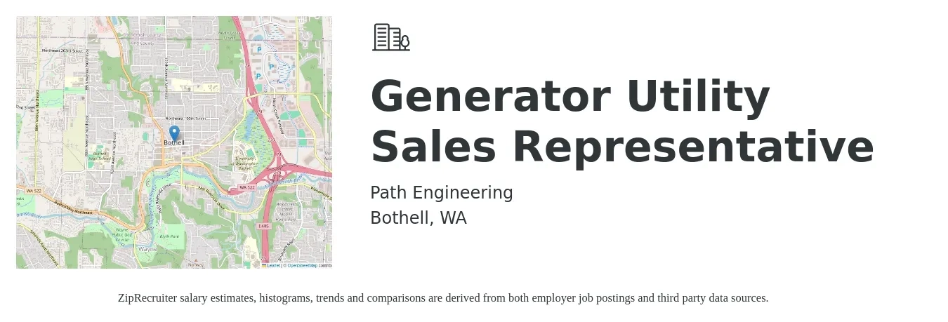 Path Engineering job posting for a Generator Utility Sales Representative in Bothell, WA with a salary of $26 to $42 Hourly with a map of Bothell location.