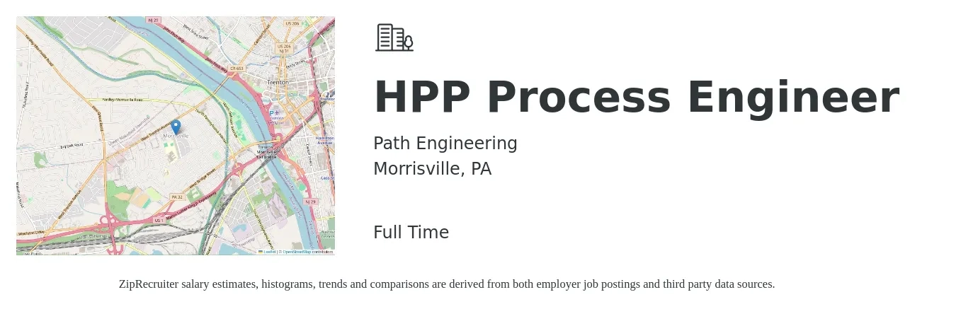 Path Engineering job posting for a HPP Process Engineer in Morrisville, PA with a salary of $74,700 to $103,300 Yearly with a map of Morrisville location.