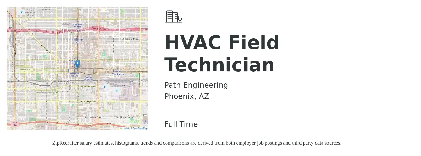 Path Engineering job posting for a HVAC Field Technician in Phoenix, AZ with a salary of $20 to $31 Hourly with a map of Phoenix location.