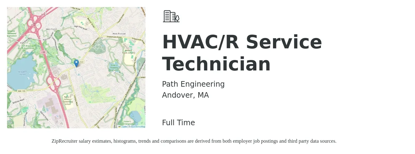 Path Engineering job posting for a HVAC/R Service Technician in Andover, MA with a salary of $25 to $36 Hourly with a map of Andover location.