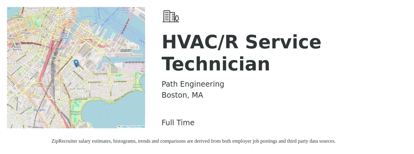 Path Engineering job posting for a HVAC/R Service Technician in Boston, MA with a salary of $27 to $38 Hourly with a map of Boston location.