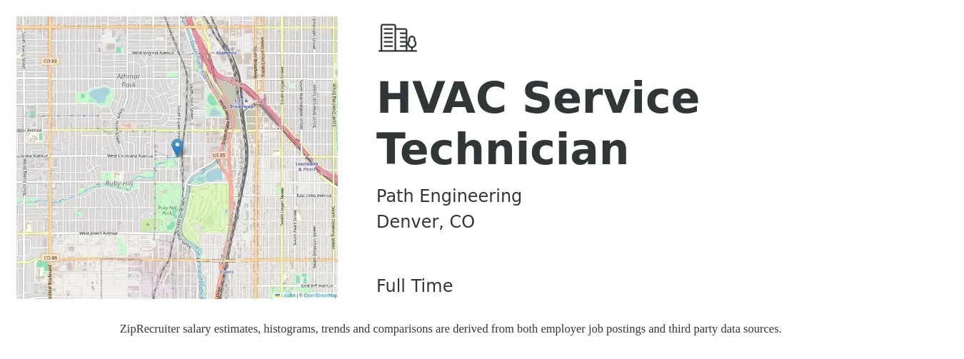 Path Engineering job posting for a HVAC Service Technician in Denver, CO with a salary of $26 to $36 Hourly with a map of Denver location.