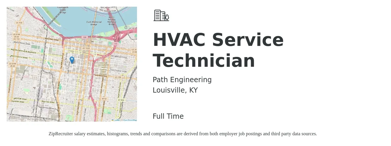 Path Engineering job posting for a HVAC Service Technician in Louisville, KY with a salary of $24 to $34 Hourly with a map of Louisville location.