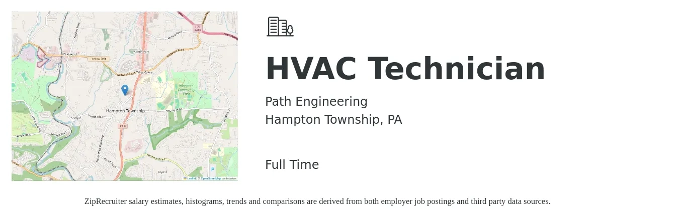 Path Engineering job posting for a HVAC Technician in Hampton Township, PA with a salary of $22 to $31 Hourly with a map of Hampton Township location.