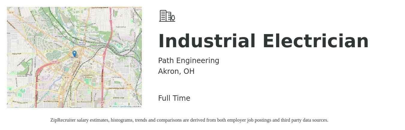 Path Engineering job posting for a Industrial Electrician in Akron, OH with a salary of $37 Hourly with a map of Akron location.
