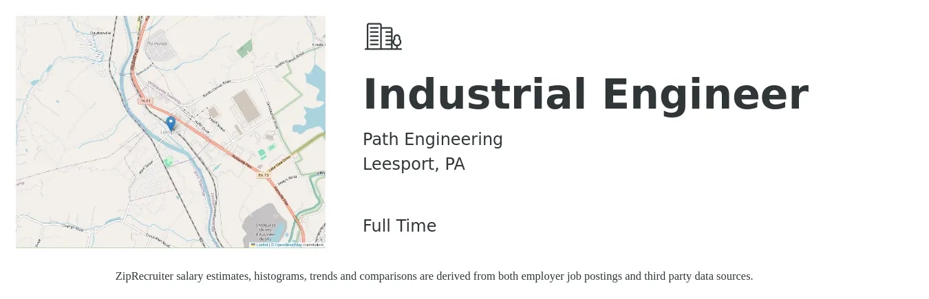 Path Engineering job posting for a Industrial Engineer in Leesport, PA with a salary of $65,300 to $88,100 Yearly with a map of Leesport location.
