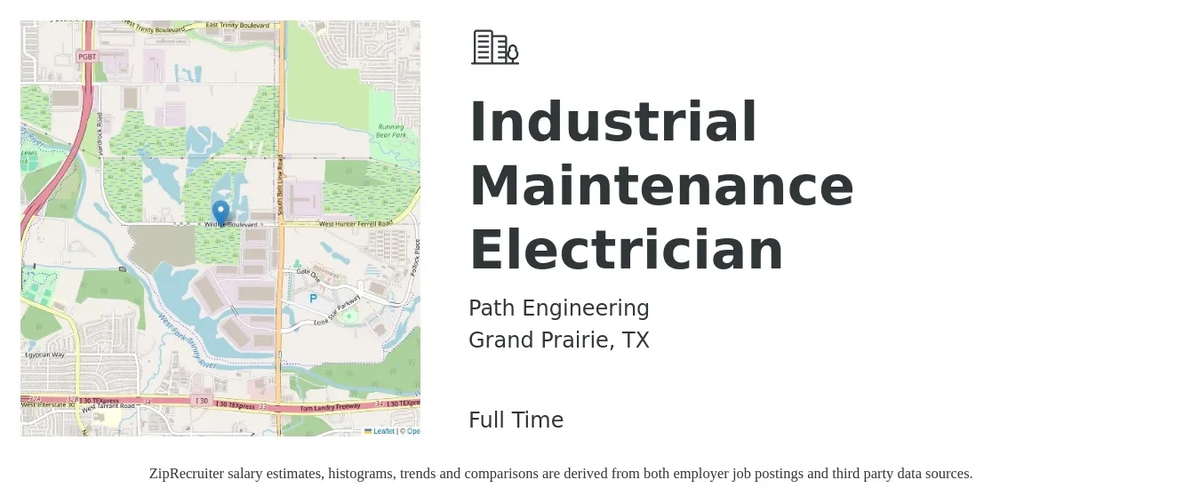 Path Engineering job posting for a Industrial Maintenance Electrician in Grand Prairie, TX with a salary of $36 Hourly with a map of Grand Prairie location.