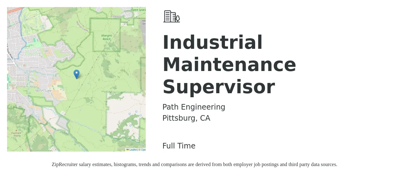 Path Engineering job posting for a Industrial Maintenance Supervisor in Pittsburg, CA with a salary of $80,000 to $90,000 Yearly with a map of Pittsburg location.