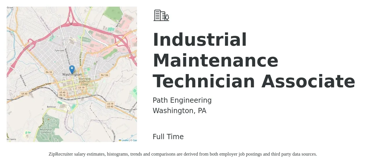 Path Engineering job posting for a Industrial Maintenance Technician Associate in Washington, PA with a salary of $20 to $28 Hourly with a map of Washington location.