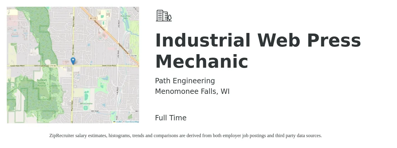 Path Engineering job posting for a Industrial Web Press Mechanic in Menomonee Falls, WI with a salary of $24 to $32 Hourly with a map of Menomonee Falls location.