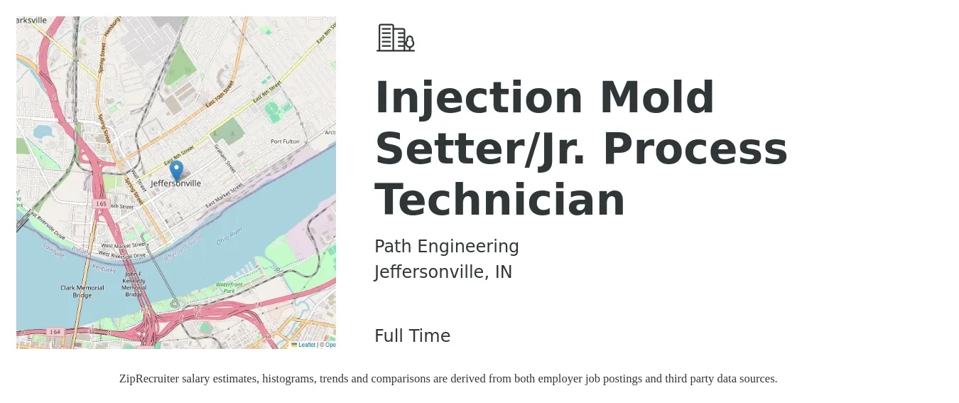 Path Engineering job posting for a Injection Mold Setter/Jr. Process Technician in Jeffersonville, IN with a salary of $17 to $20 Hourly with a map of Jeffersonville location.