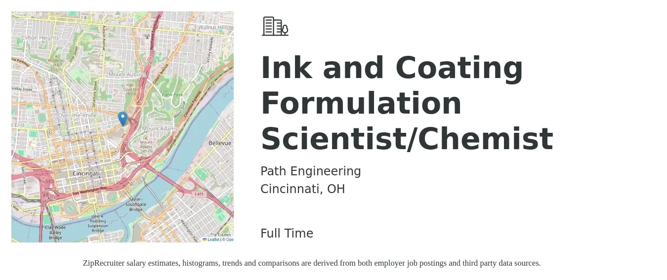 Path Engineering job posting for a Ink and Coating Formulation Scientist/Chemist in Cincinnati, OH with a salary of $56,600 to $105,500 Yearly with a map of Cincinnati location.