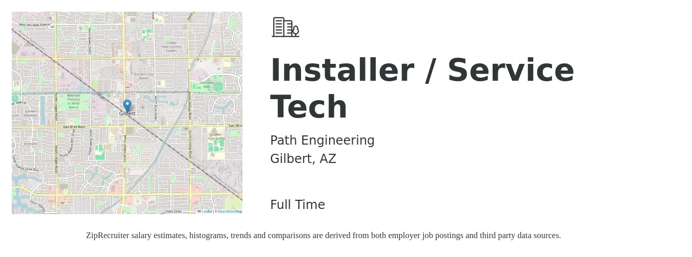 Path Engineering job posting for a Installer / Service Tech in Gilbert, AZ with a salary of $23 to $35 Hourly with a map of Gilbert location.