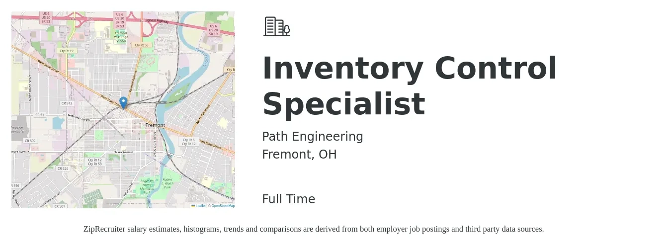 Path Engineering job posting for a Inventory Control Specialist in Fremont, OH with a salary of $55,000 Yearly with a map of Fremont location.