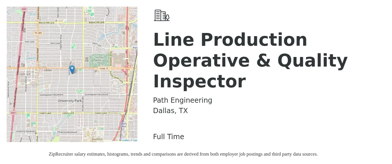 Path Engineering job posting for a Line Production Operative & Quality Inspector in Dallas, TX with a salary of $18 to $25 Hourly with a map of Dallas location.