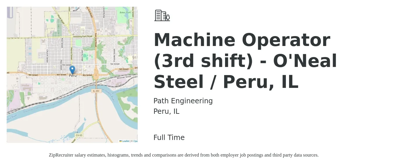 Path Engineering job posting for a Machine Operator (3rd shift) - O'Neal Steel / Peru, IL in Peru, IL with a salary of $16 to $19 Hourly with a map of Peru location.