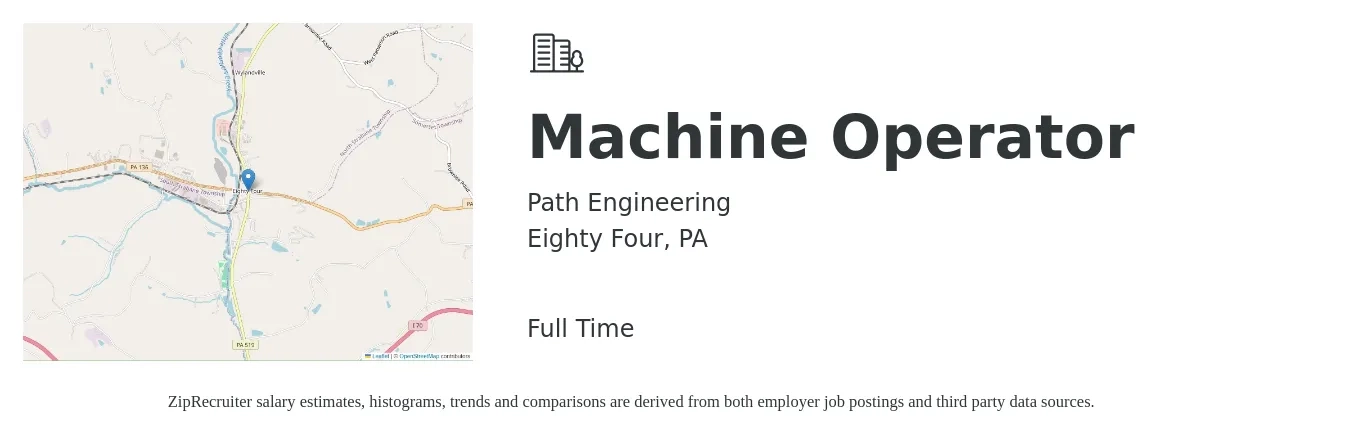 Path Engineering job posting for a Machine Operator in Eighty Four, PA with a salary of $16 to $19 Hourly with a map of Eighty Four location.