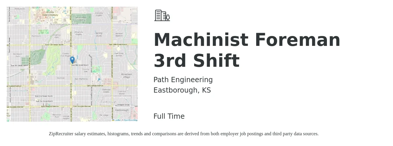 Path Engineering job posting for a Machinist Foreman 3rd Shift in Eastborough, KS with a salary of $28 to $36 Hourly with a map of Eastborough location.