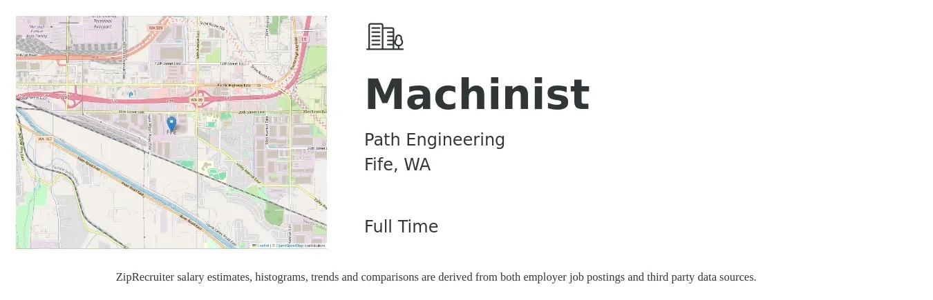 Path Engineering job posting for a Machinist in Fife, WA with a salary of $26 Hourly with a map of Fife location.