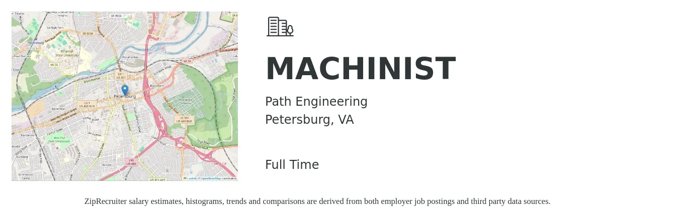 Path Engineering job posting for a MACHINIST in Petersburg, VA with a salary of $20 to $28 Hourly with a map of Petersburg location.