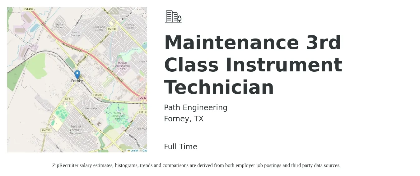 Path Engineering job posting for a Maintenance 3rd Class Instrument Technician in Forney, TX with a salary of $24 to $31 Hourly with a map of Forney location.