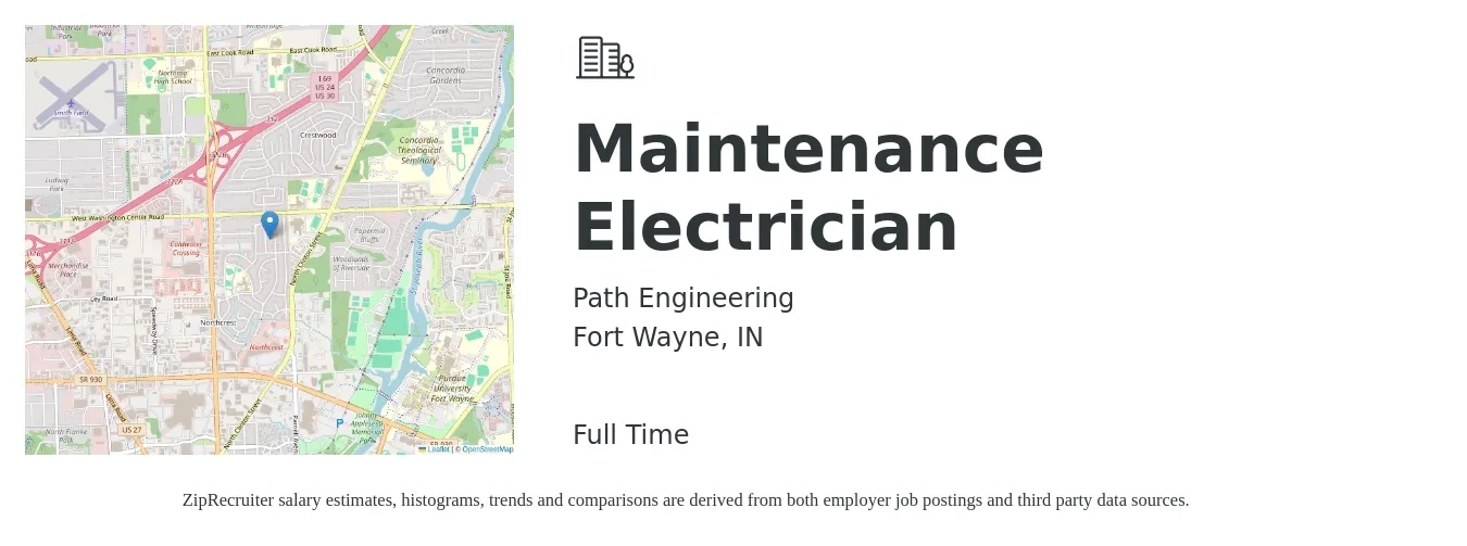 Path Engineering job posting for a Maintenance Electrician in Fort Wayne, IN with a salary of $32 Hourly with a map of Fort Wayne location.