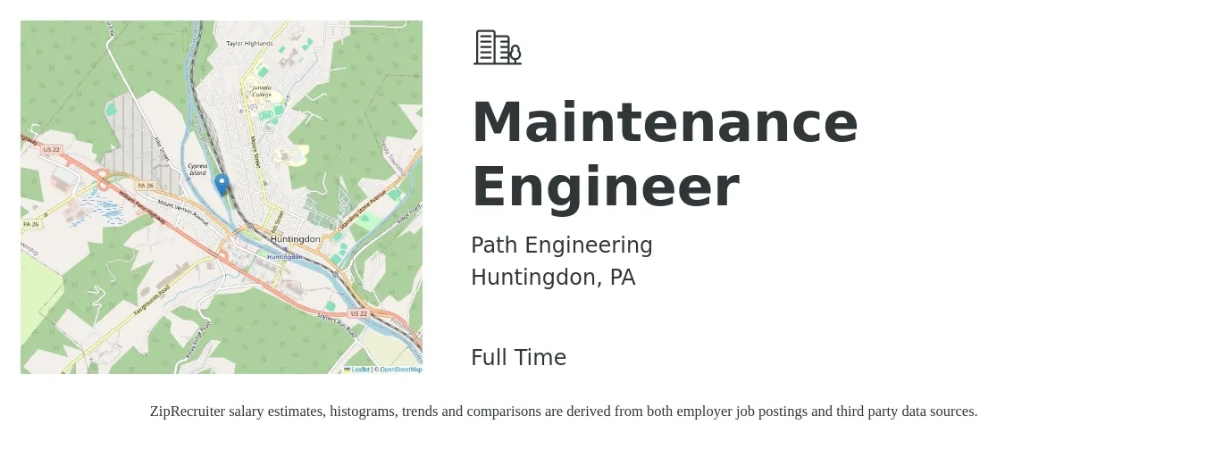 Path Engineering job posting for a Maintenance Engineer in Huntingdon, PA with a salary of $16 to $30 Hourly with a map of Huntingdon location.
