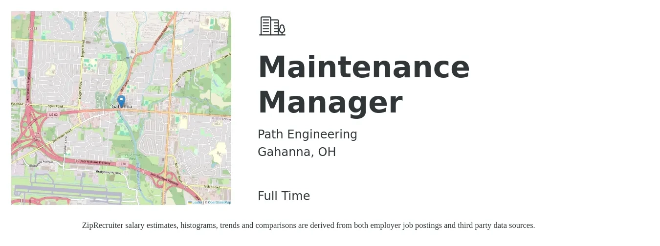Path Engineering job posting for a Maintenance Manager in Gahanna, OH with a salary of $22 to $38 Hourly with a map of Gahanna location.